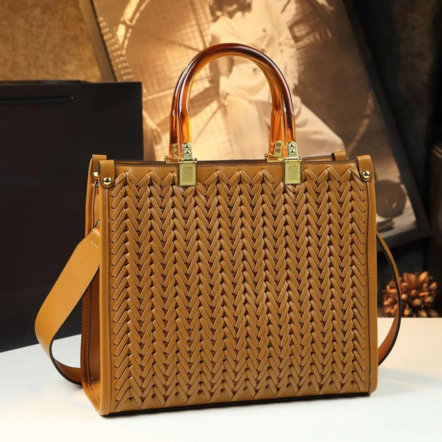 Woven PU Trapezoid Tote, Large Commuting Bag - product photo 4
