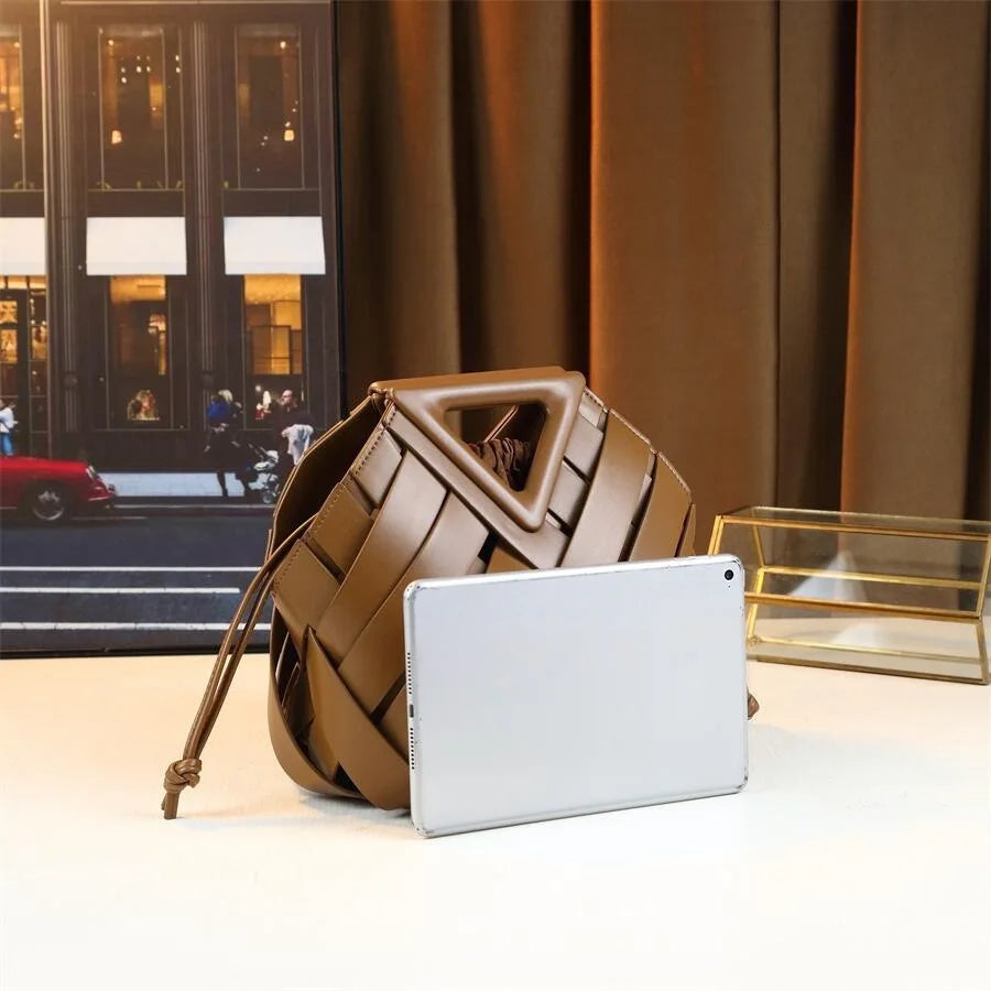 Woven Barrel Handbag, Geometric Soft PU Top-Handle Bag - product photo 3