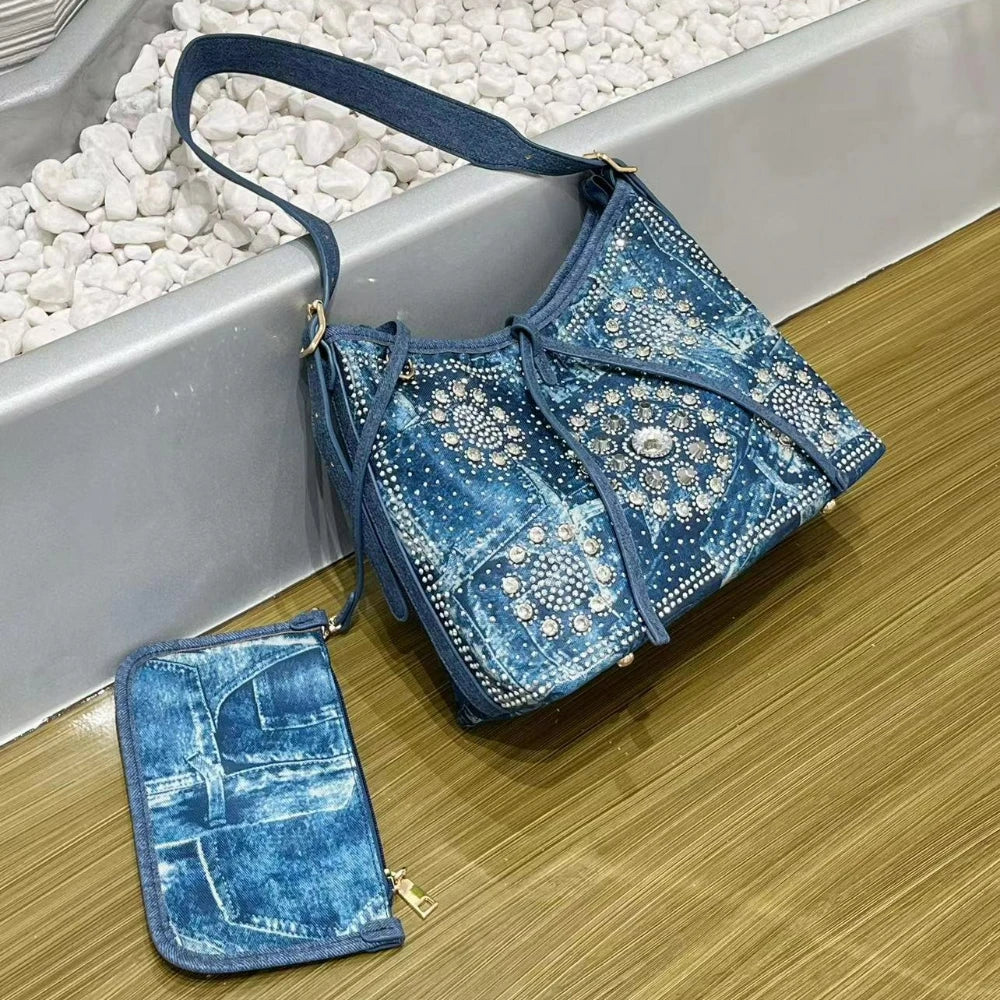 Denim Underarm Bag, Rivet & Diamond Shoulder Bag - product photo 2