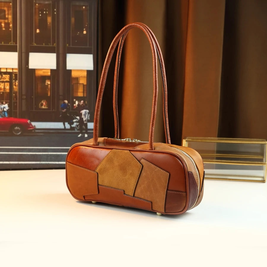 Colour-Block Genuine Leather Satchel, Earth-Tone Bag - product photo 1