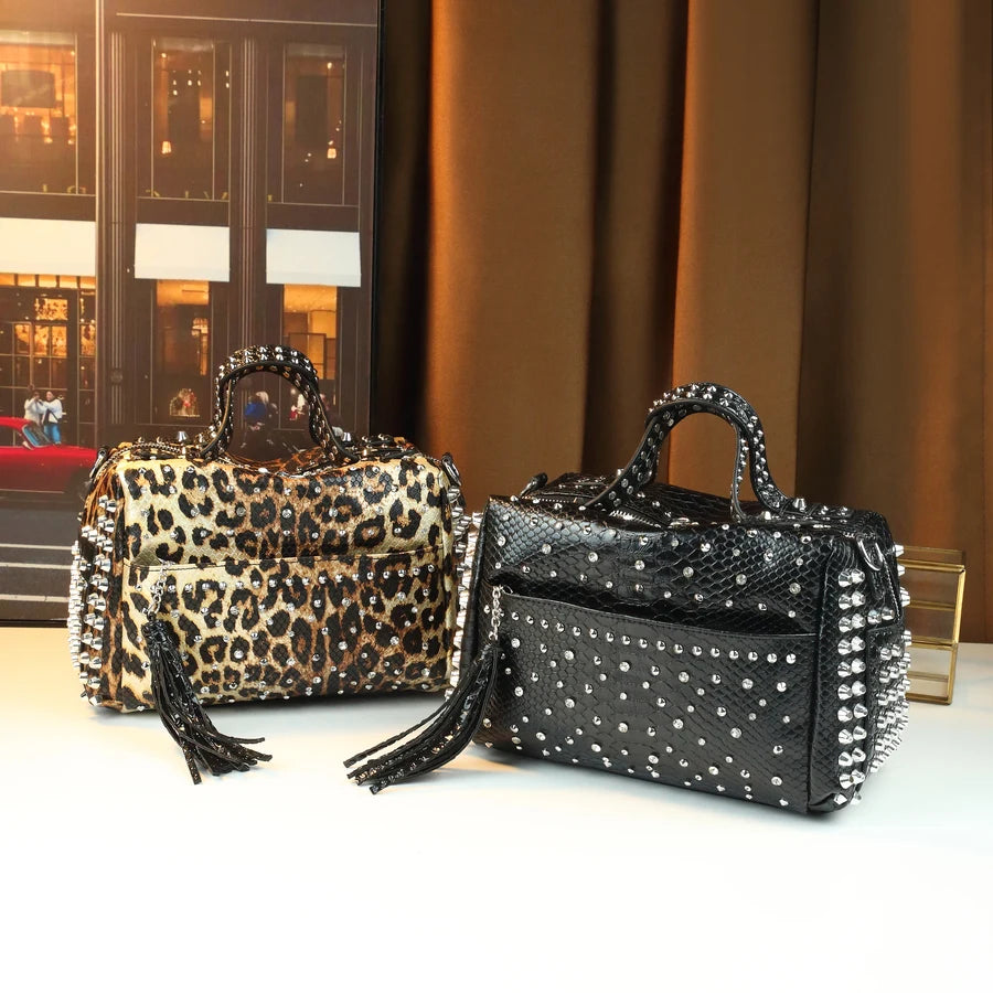 Leopard Pillow Shoulder Bag, Rivet Detail PU Tote - product photo 2