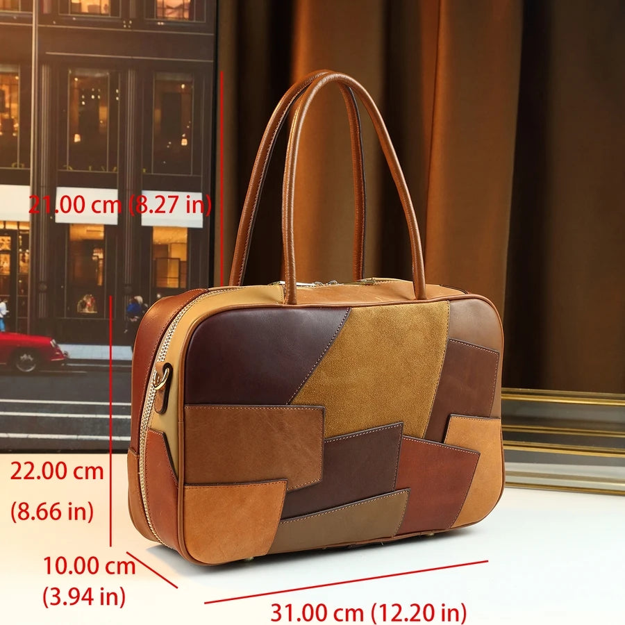 Colour-Block Genuine Leather Square Bag, Geometric Panels - product photo 3