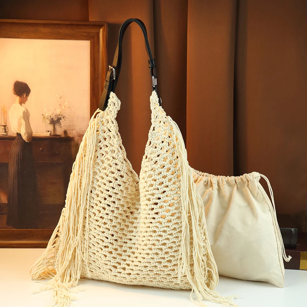 Cotton Woven Tassel Tote, Bohemian Beach Bag - product photo 1