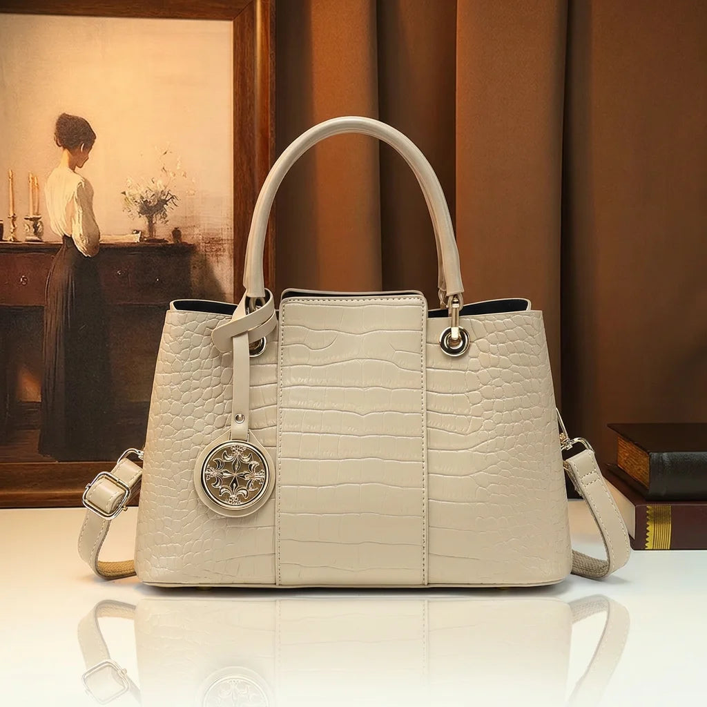 Croc-Embossed Tote Bag with Tassel, Beige Shoulder Bag - product photo 1