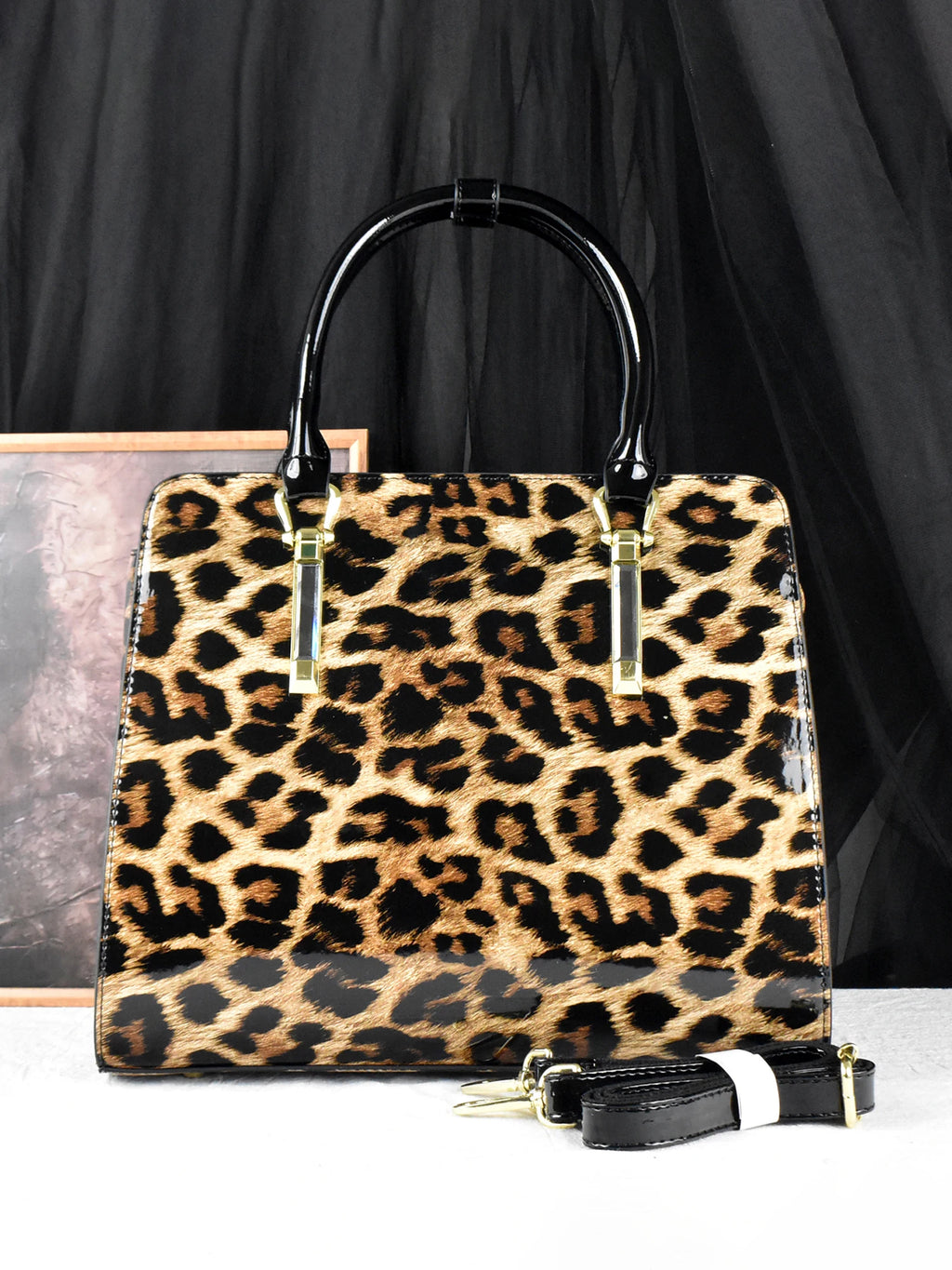 Leopard Patent Shoulder Satchel, Water-Resistant PU Bag - product photo 2
