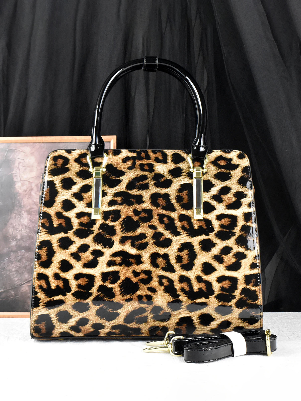 Leopard Patent Shoulder Satchel, Water-Resistant PU Bag - product photo 2