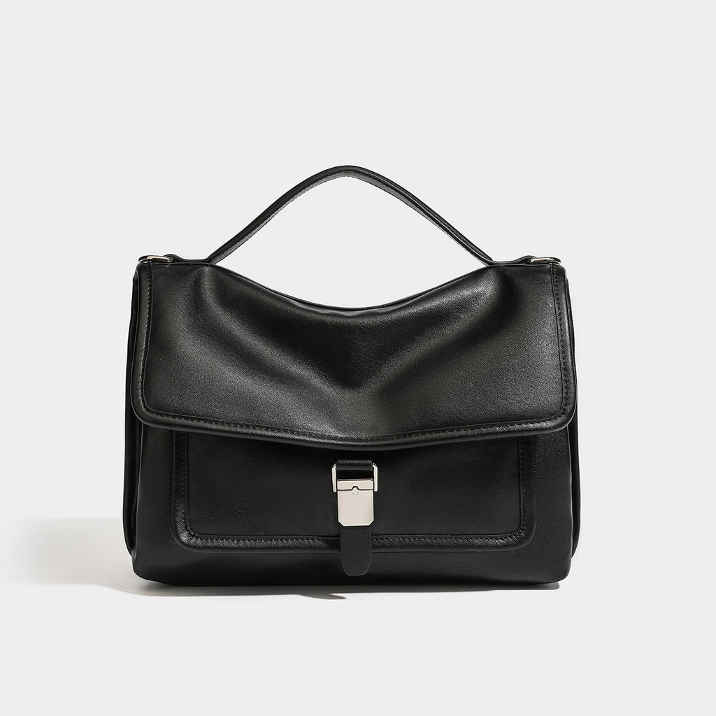Vintage PU Flap Satchel, Silver-Buckle Top Handle Bag - product photo 1