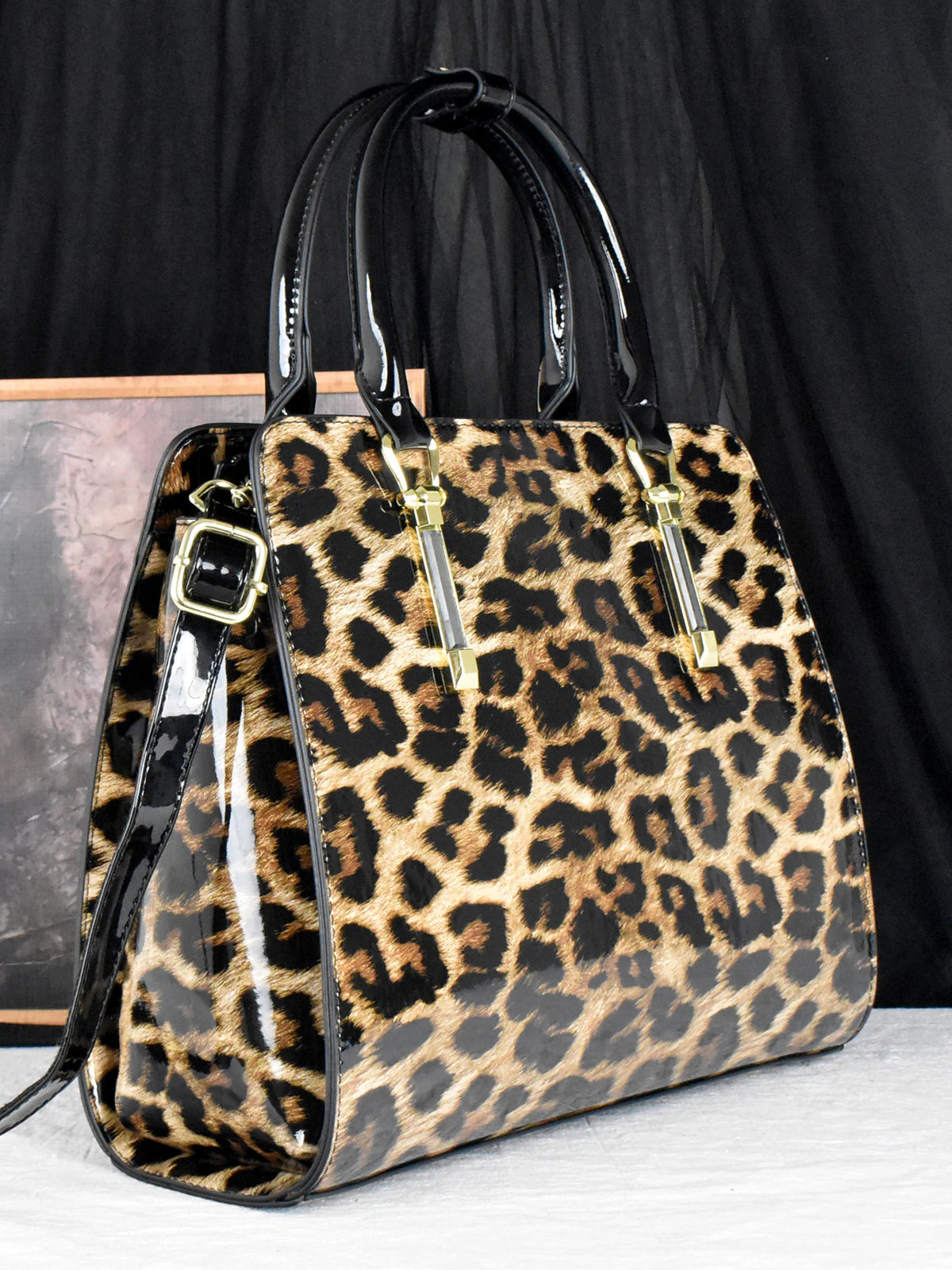 Leopard Patent Shoulder Satchel, Water-Resistant PU Bag - product photo 4