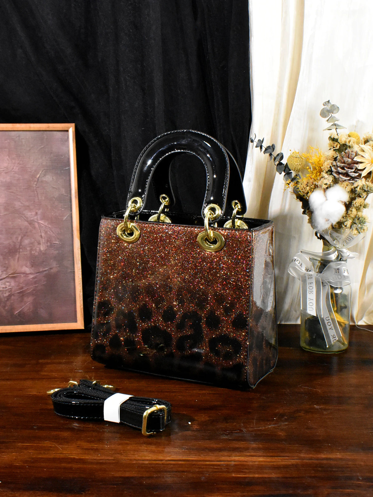 Glitter Leopard Patent Satchel, Top-Handle PU Bag - product photo 5