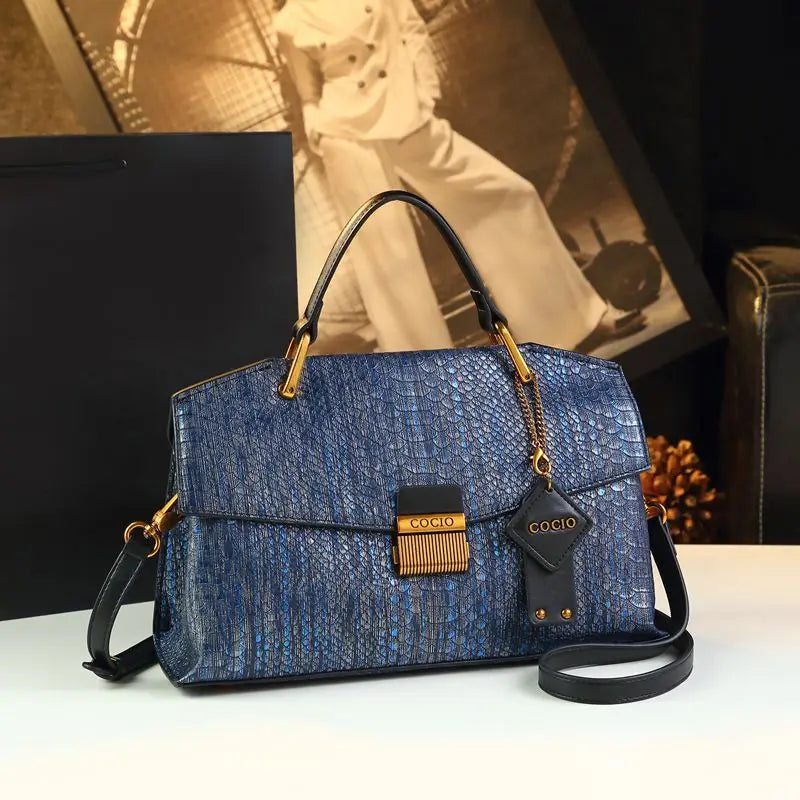 Serpentine-Print Satchel, Retro Blue Shoulder Bag - product photo 3