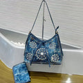 Denim Underarm Bag, Rivet & Diamond Shoulder Bag - product photo 1