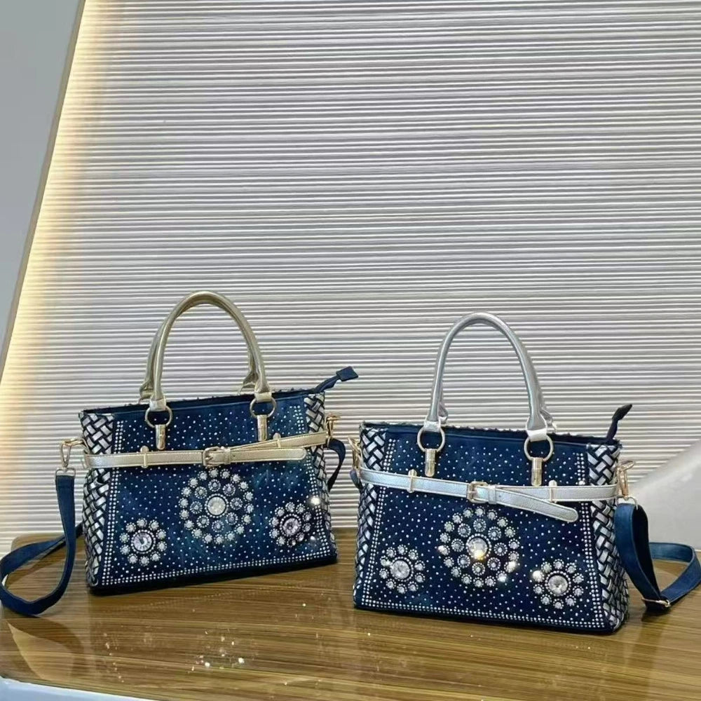 Rhinestone Denim Satchel with Braided Edge - product photo 2