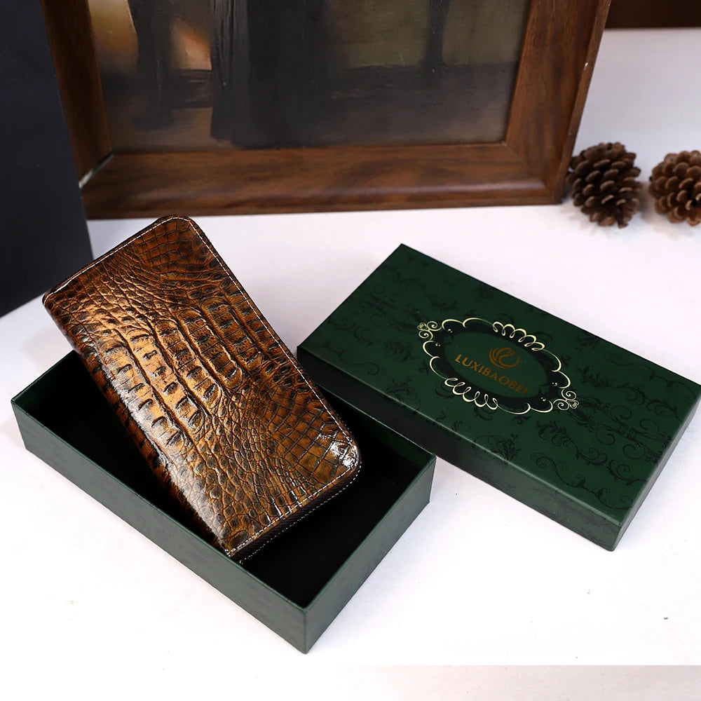Croc-Pattern Long Wallet, Genuine Leather Card Case - product photo 4