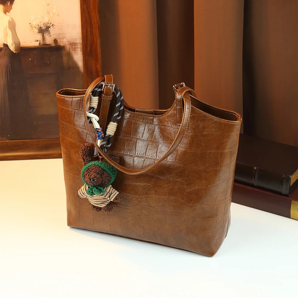 Croc Tote Bag with Bear Pendant, Large PU Shoulder Bag - product photo 6