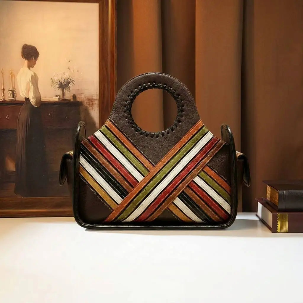 Striped Patchwork Satchel with Circular Top Handle - product photo 6