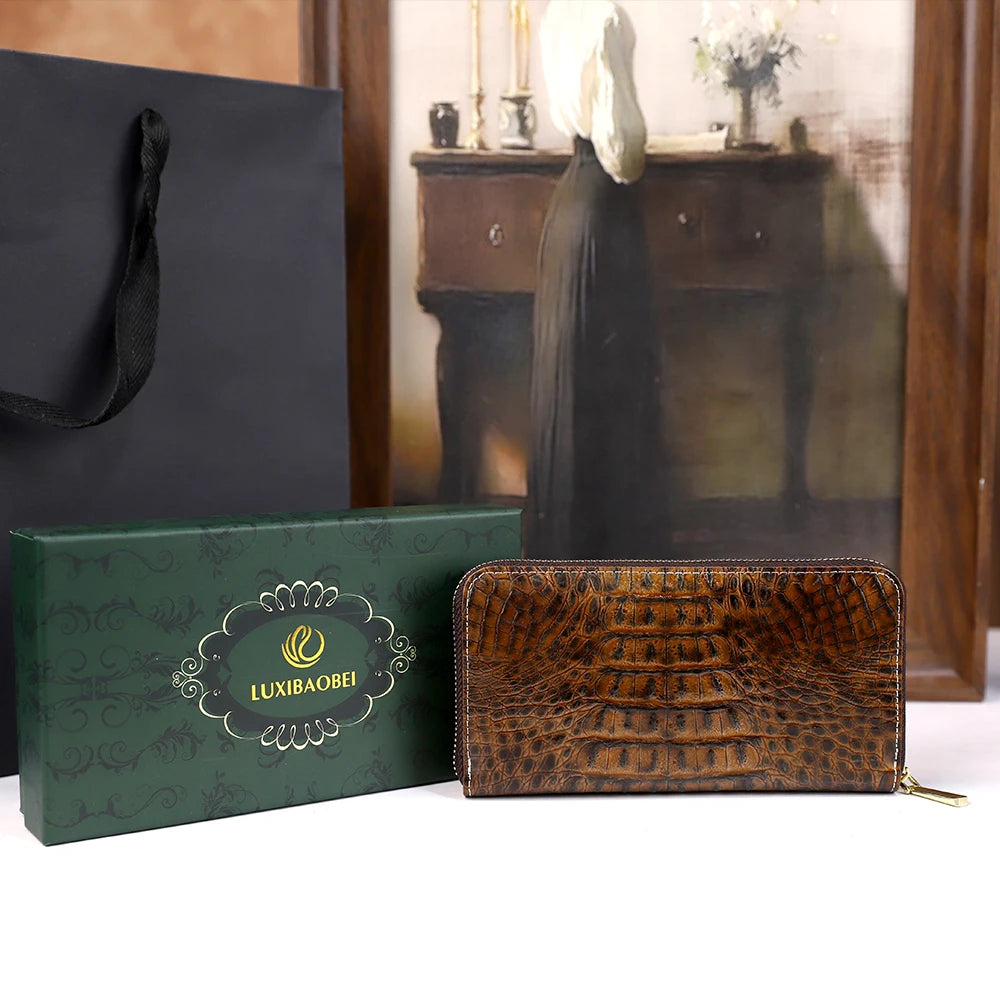 Croc-Pattern Long Wallet, Genuine Leather Card Case - product photo 6