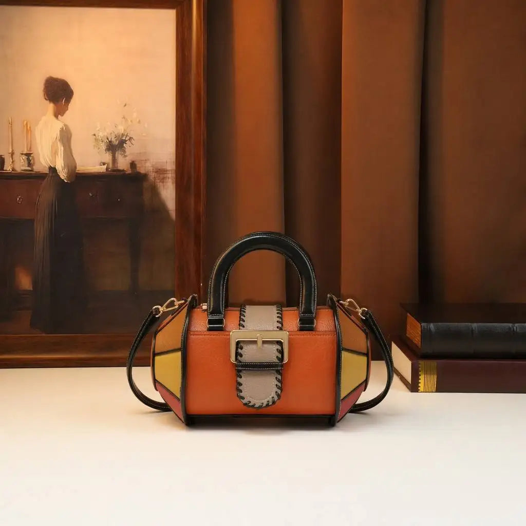 Leather Patchwork Boston Bag, Contrast-Colour PU Satchel - product photo 2