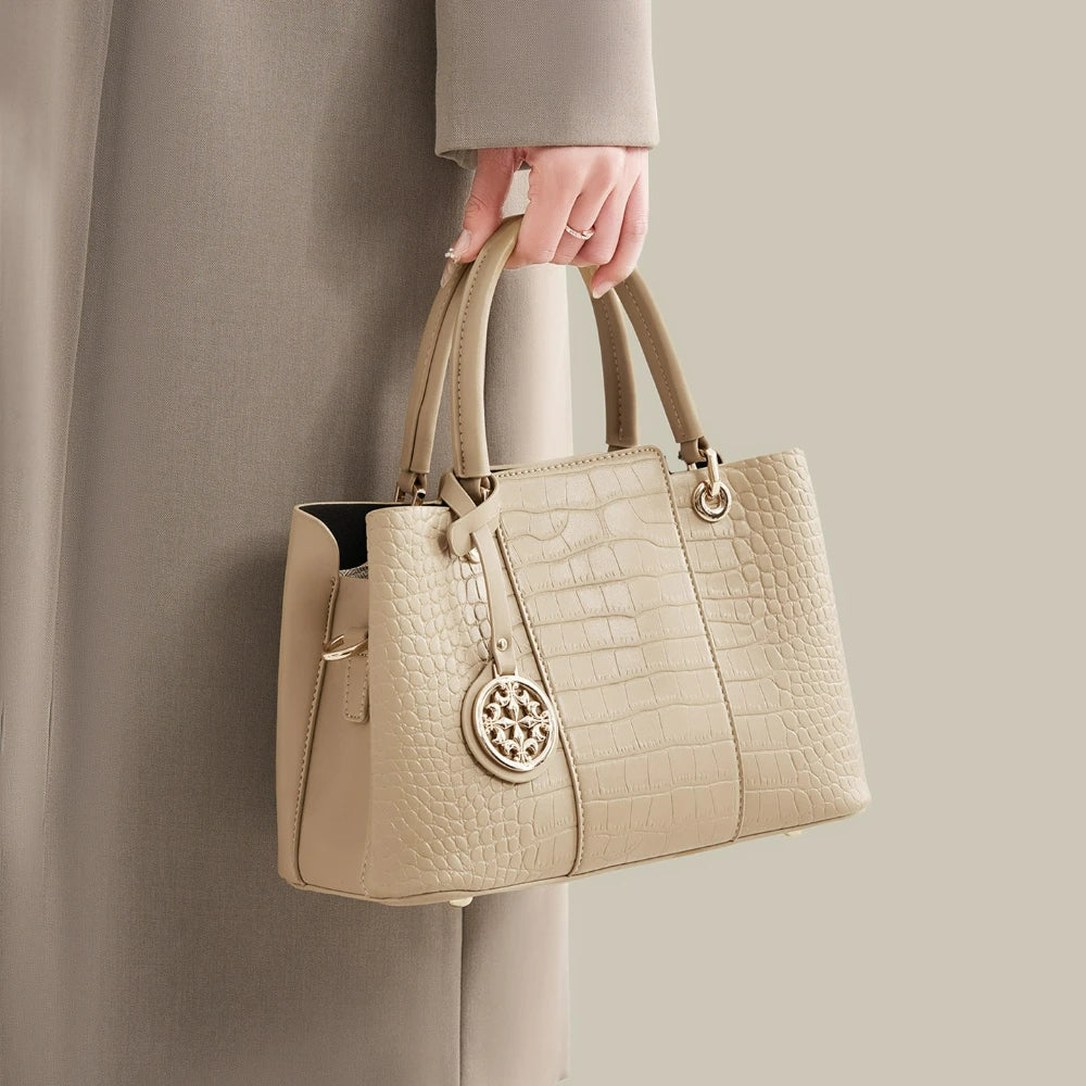 Croc-Embossed Tote Bag with Tassel, Beige Shoulder Bag - product photo 2