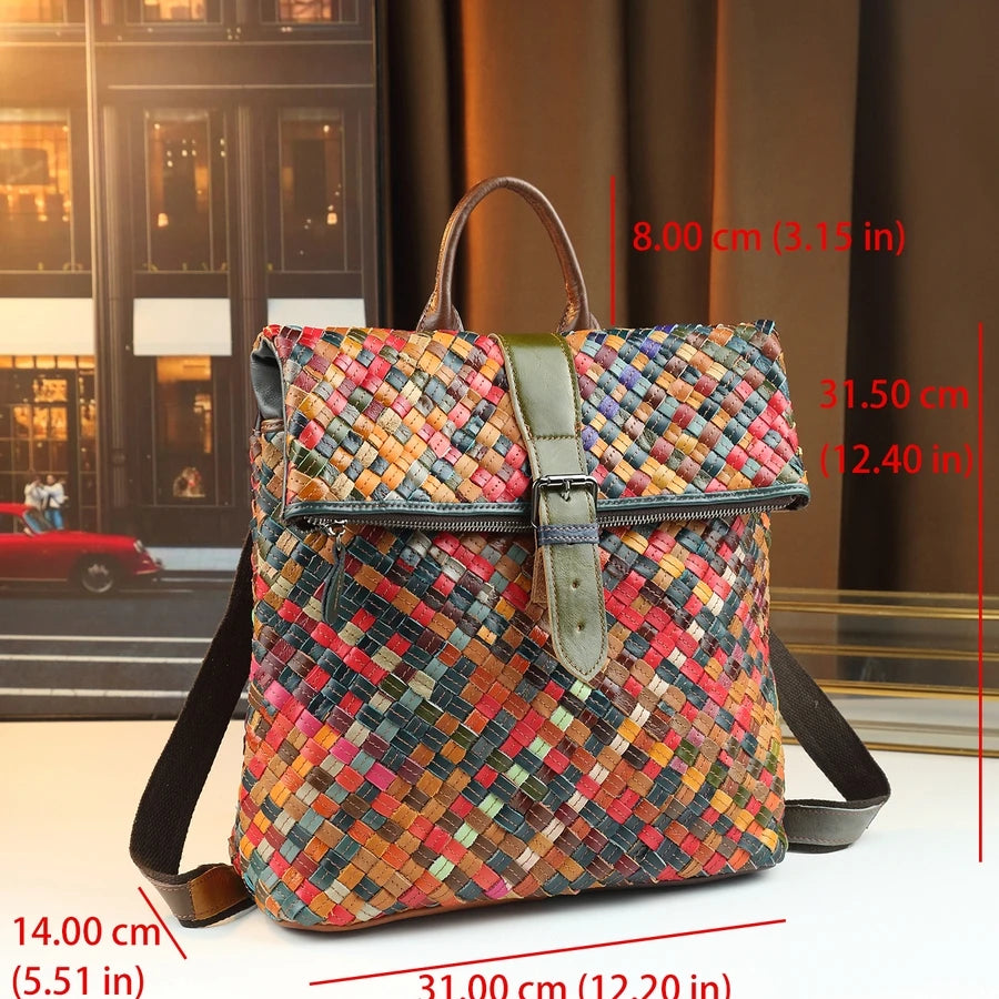 Woven Patchwork Leather Backpack, Travel Daypack - product photo 6