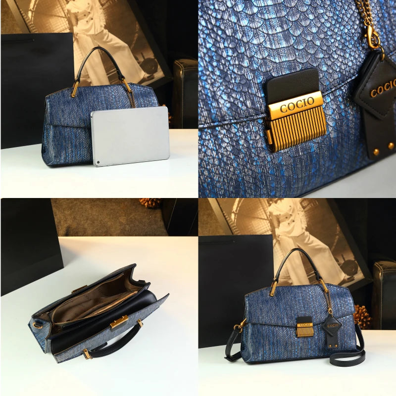 Serpentine-Print Satchel, Retro Blue Shoulder Bag - product photo 4