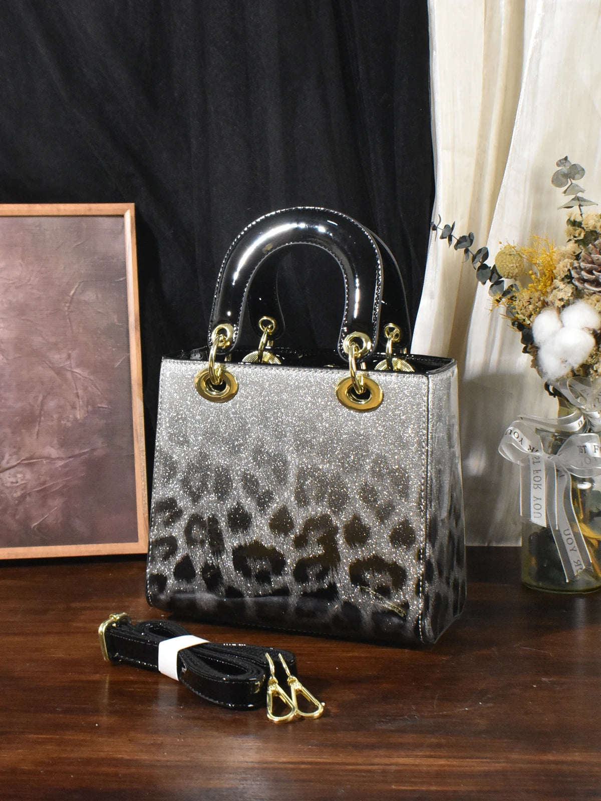 Glitter Leopard Patent Satchel, Top-Handle PU Bag - product photo 3