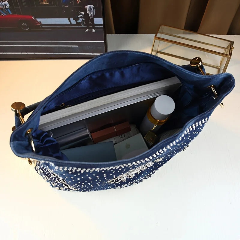 Bohemian Woven Denim-Style Tote, Rhinestone PU Bag - product photo 6