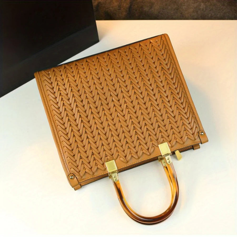 Woven PU Trapezoid Tote, Large Commuting Bag - product photo 6