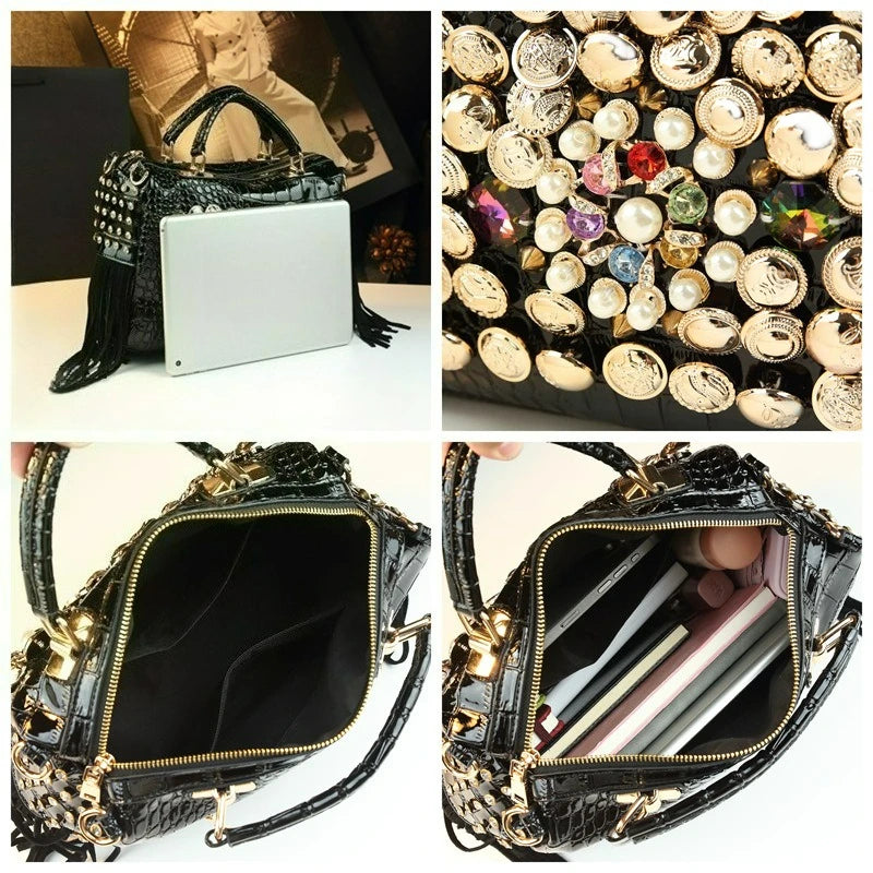 Panelled Rhinestone Shoulder Bag, Rivet Detail Tote - product photo 5