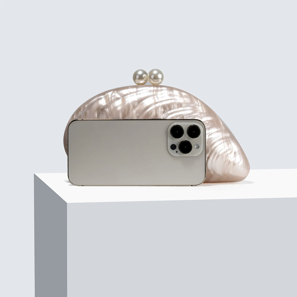 Shell Clutch with Acrylic Chain Strap, Pearl Detail - product photo 2