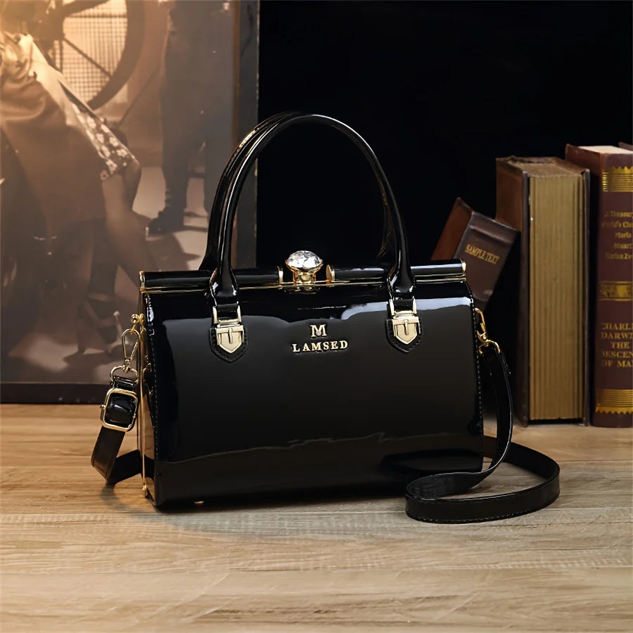Rhinestone Clasp Tote, Patent PU Bag with Chain Strap - product photo 5
