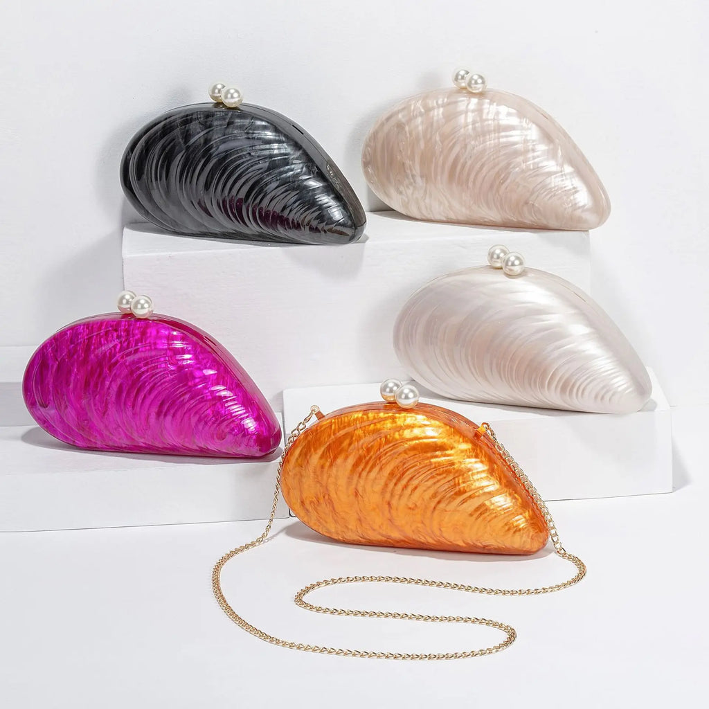 Shell Clutch with Acrylic Chain Strap, Pearl Detail - product photo 5