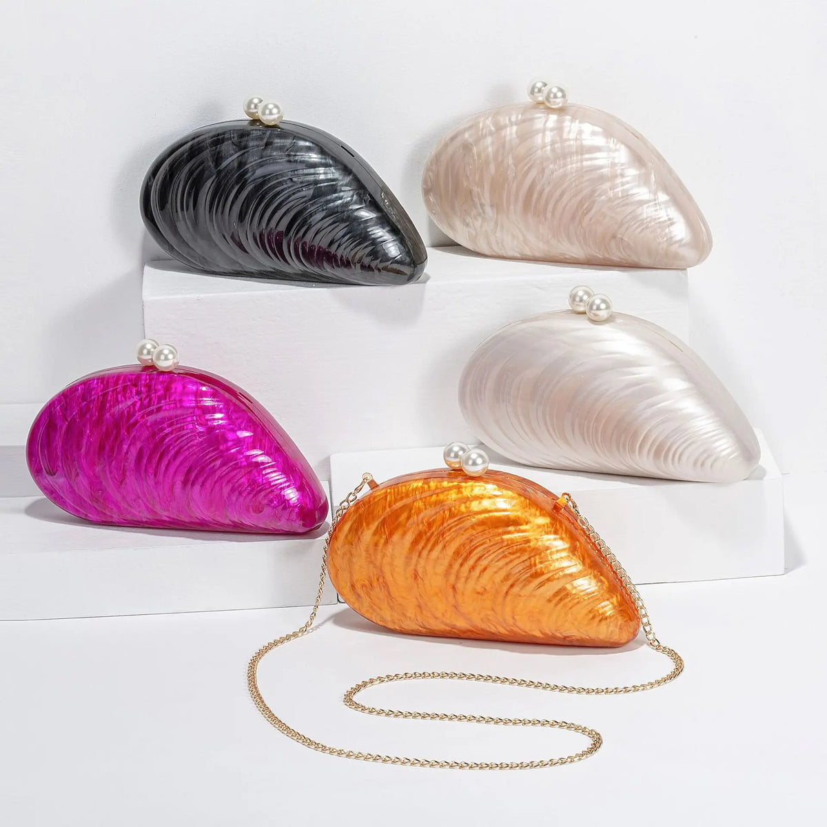 Shell Clutch with Acrylic Chain Strap, Pearl Detail - product photo 5