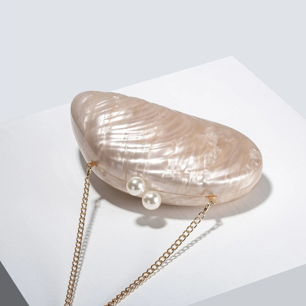 Shell Clutch with Acrylic Chain Strap, Pearl Detail - product photo 4