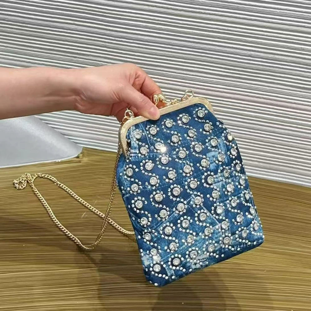 Diamond Denim Evening Bag with Chain - product photo 6