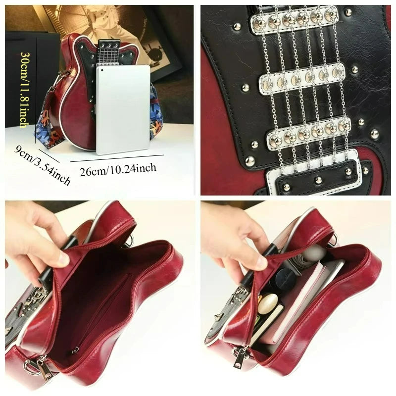 Guitar-Shaped Crossbody Bag, Vintage PU Punk Shoulder Bag - product photo 4