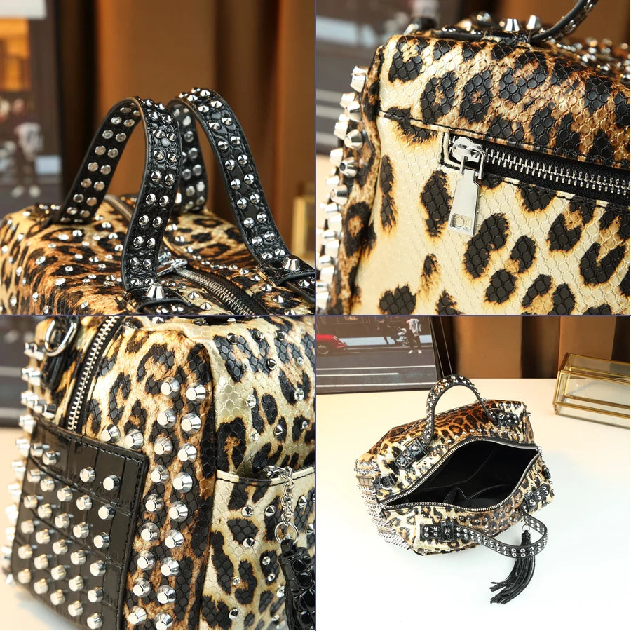 Leopard Pillow Shoulder Bag, Rivet Detail PU Tote - product photo 6