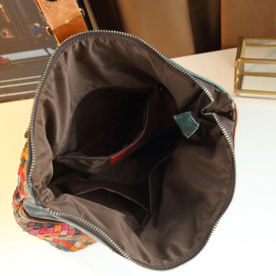 Woven Patchwork Leather Backpack, Travel Daypack - product photo 5