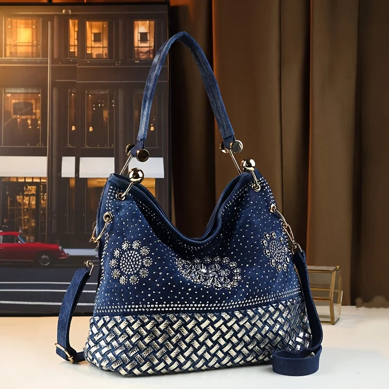 Bohemian Woven Denim-Style Tote, Rhinestone PU Bag - product photo 2