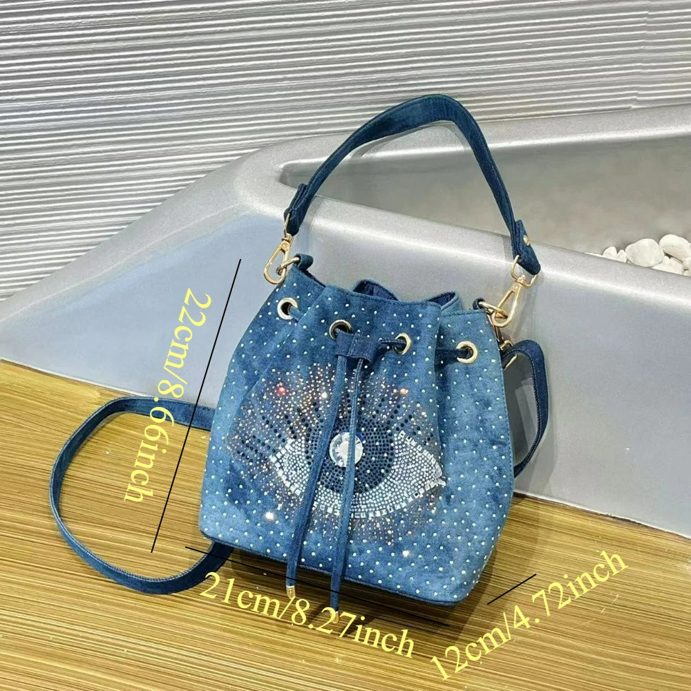 Evil-Eye Rhinestone Bucket Bag, 2-Piece Denim-Look Set - product photo 5