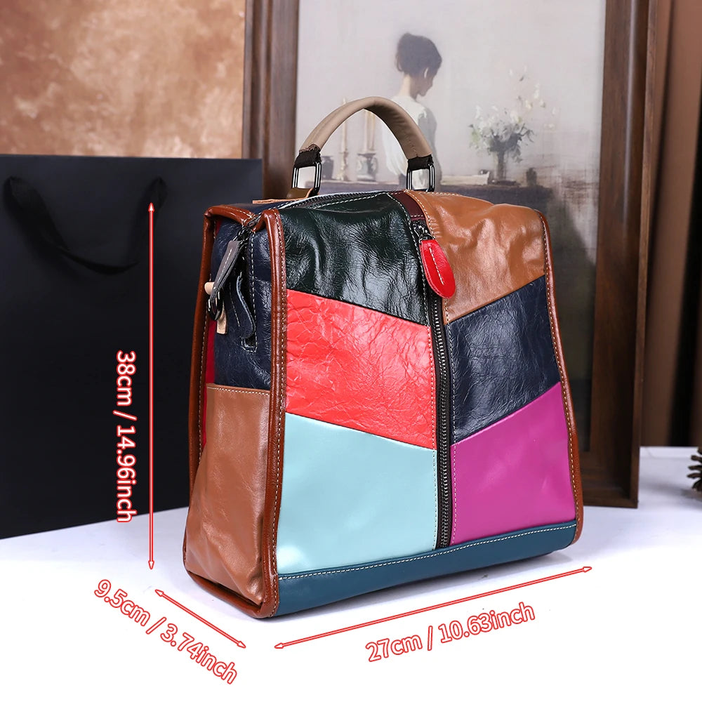 Geometric Genuine Leather Backpack, Colour-Block Daypack - product photo 4