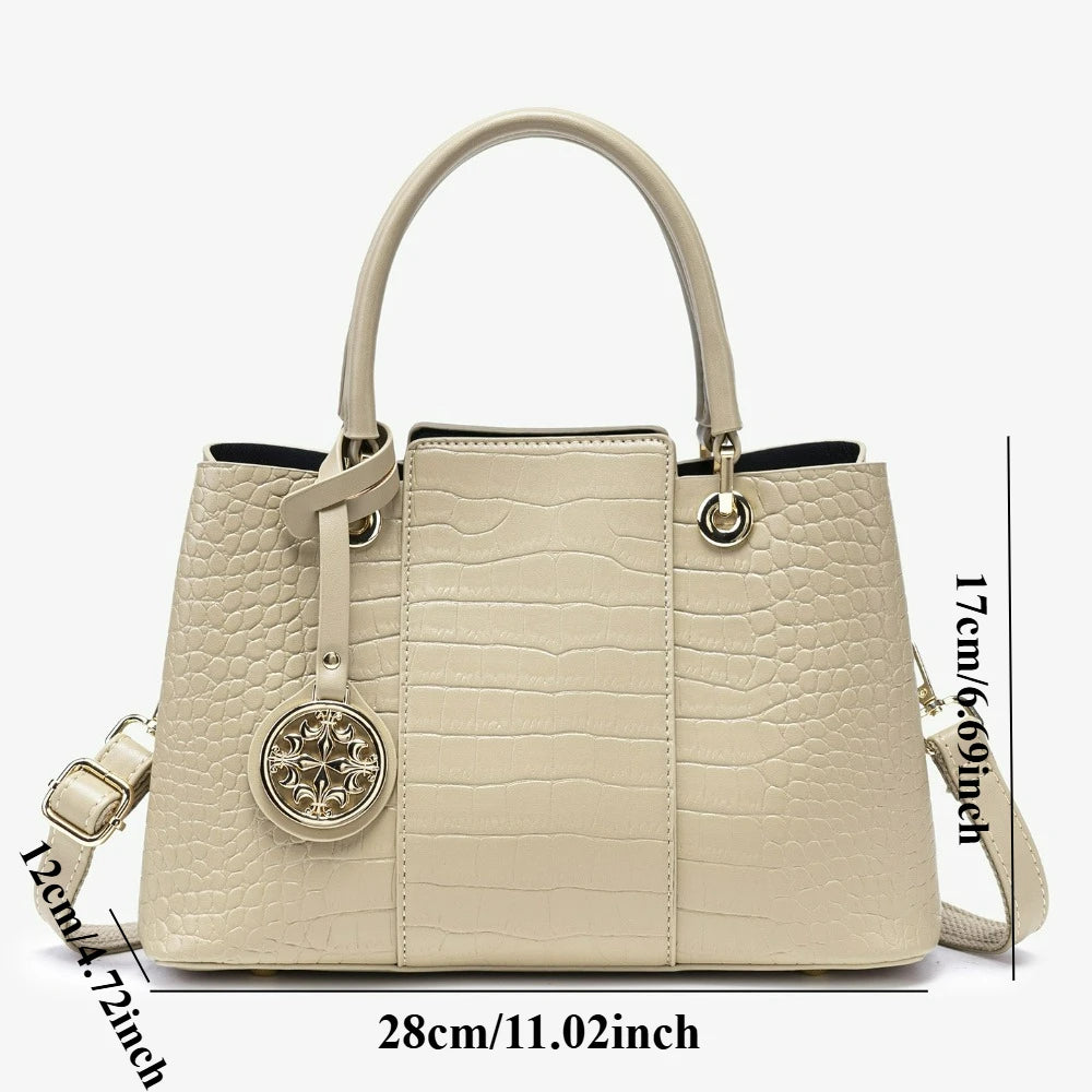 Croc-Embossed Tote Bag with Tassel, Beige Shoulder Bag - product photo 4