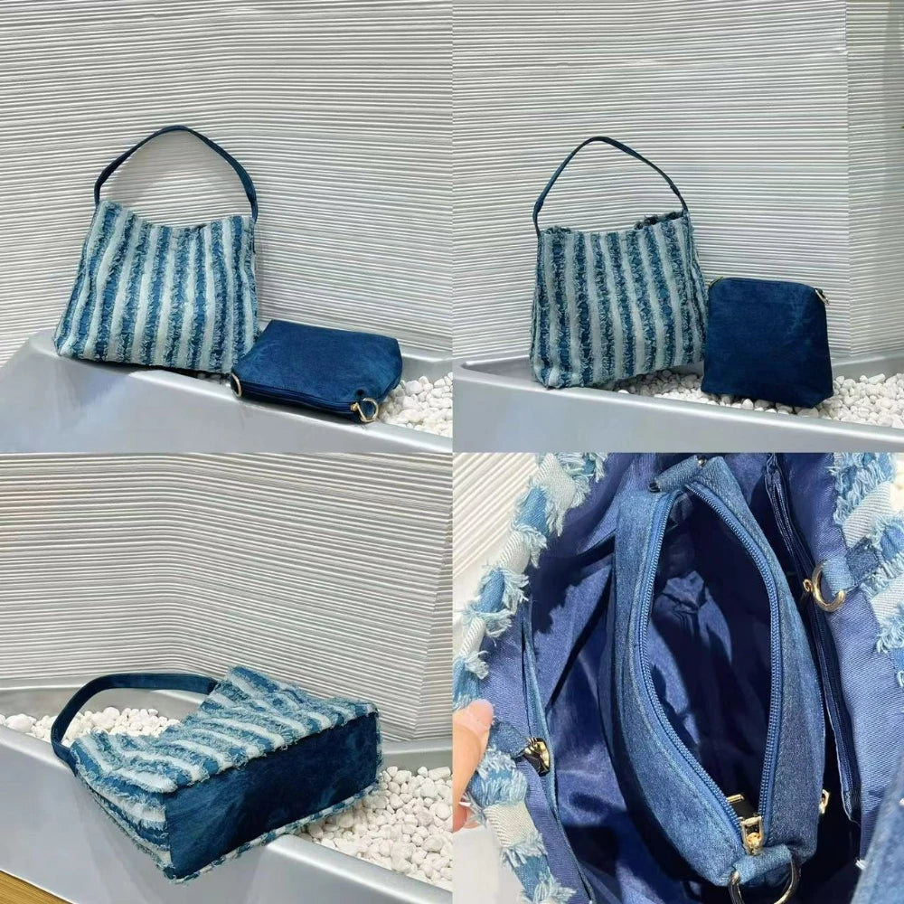 Striped Denim Tote Bag, Casual Shoulder Bag - product photo 6