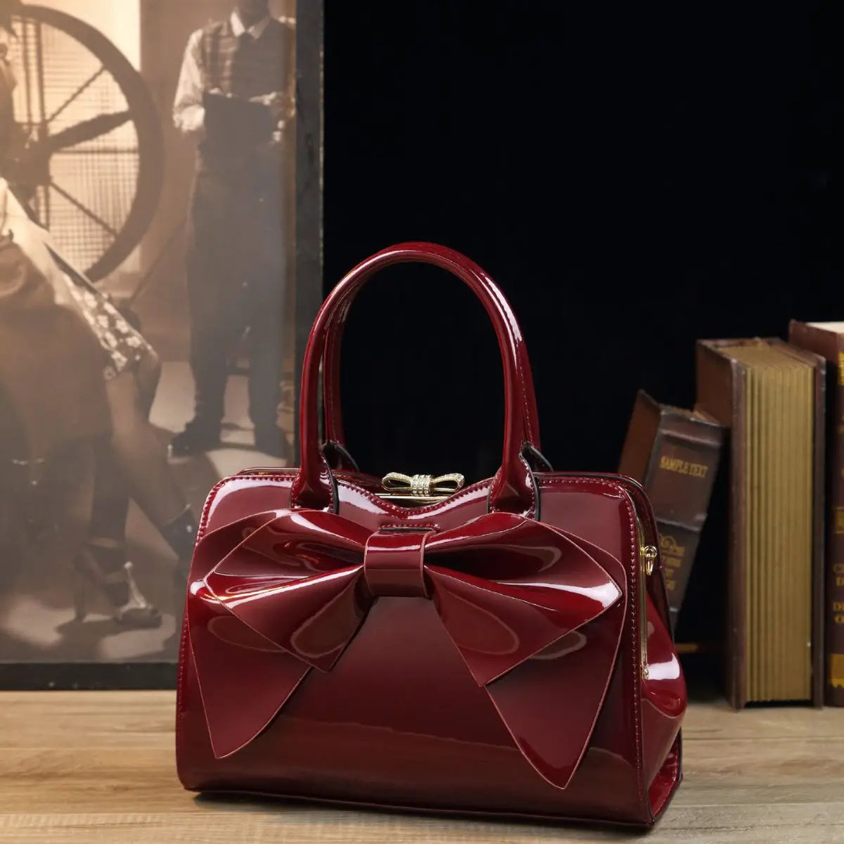 Bow Patent-Leather Handbag, Retro PU Shoulder Bag - product photo 1