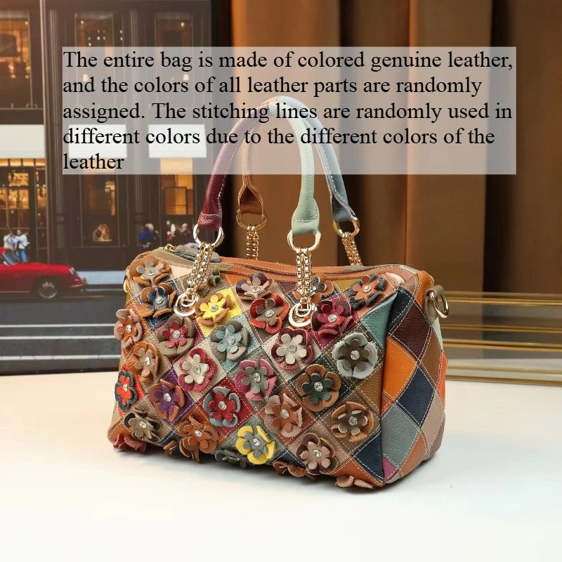 Genuine Leather Pillow Bag with Flower Patchwork - product photo 2