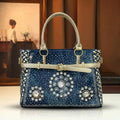 Rhinestone Denim Satchel with Braided Edge - product photo 1