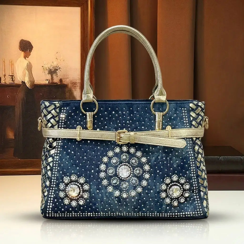 Rhinestone Denim Satchel with Braided Edge - product photo 1