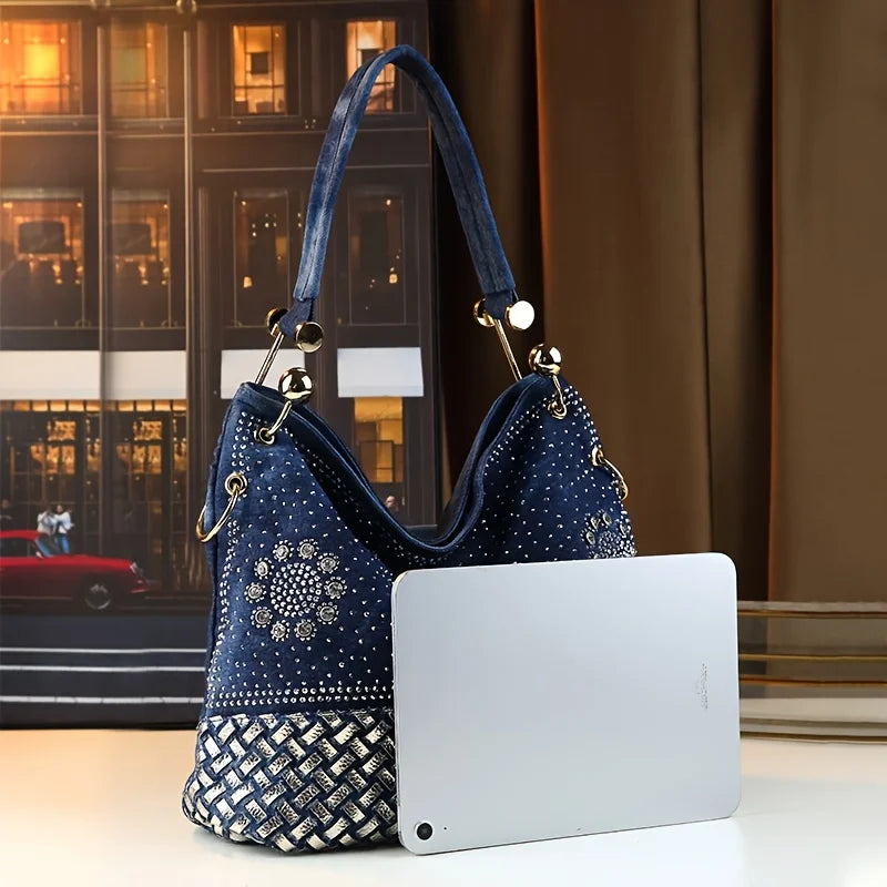 Bohemian Woven Denim-Style Tote, Rhinestone PU Bag - product photo 5