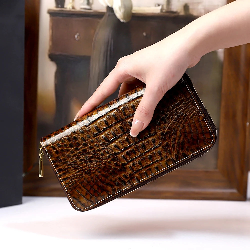 Croc-Pattern Long Wallet, Genuine Leather Card Case - product photo 2