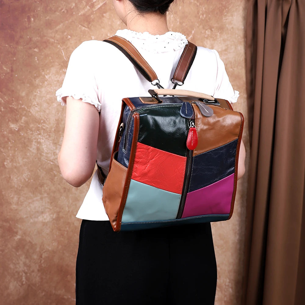 Geometric Genuine Leather Backpack, Colour-Block Daypack - product photo 5