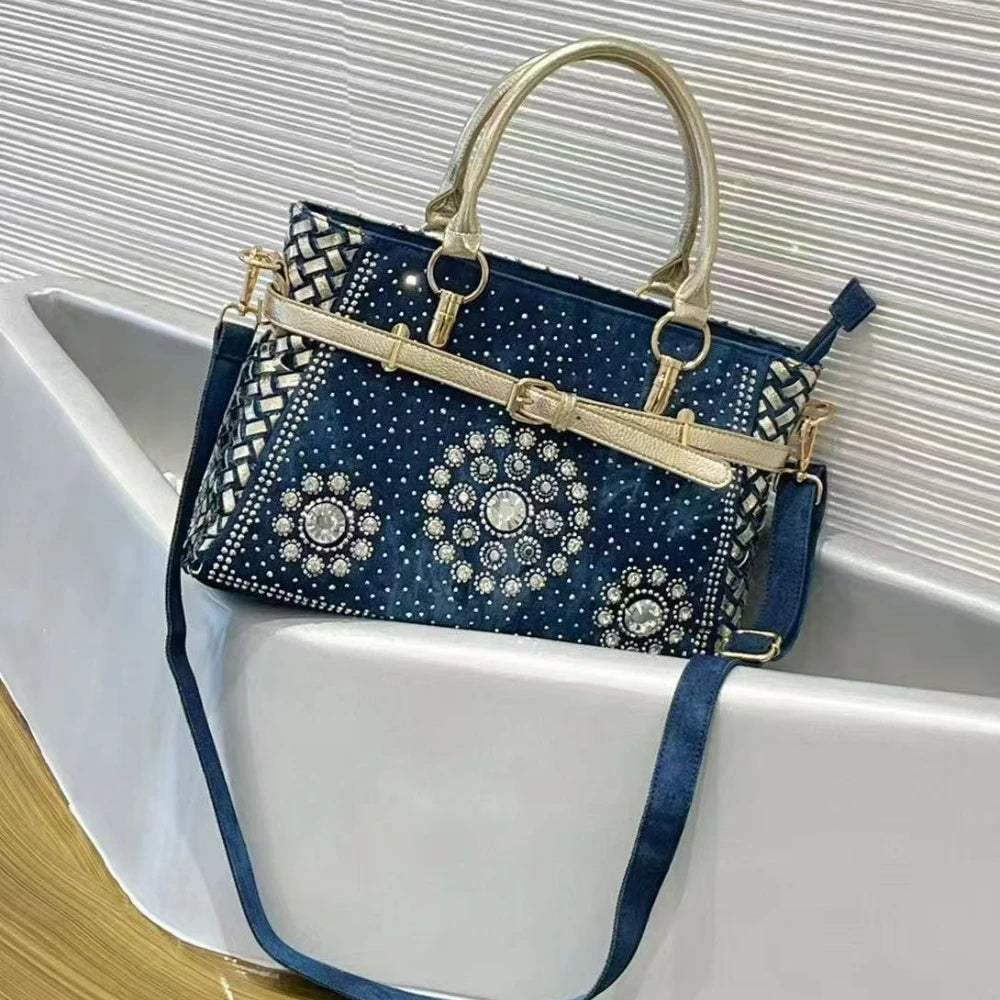 Rhinestone Denim Satchel with Braided Edge - product photo 6